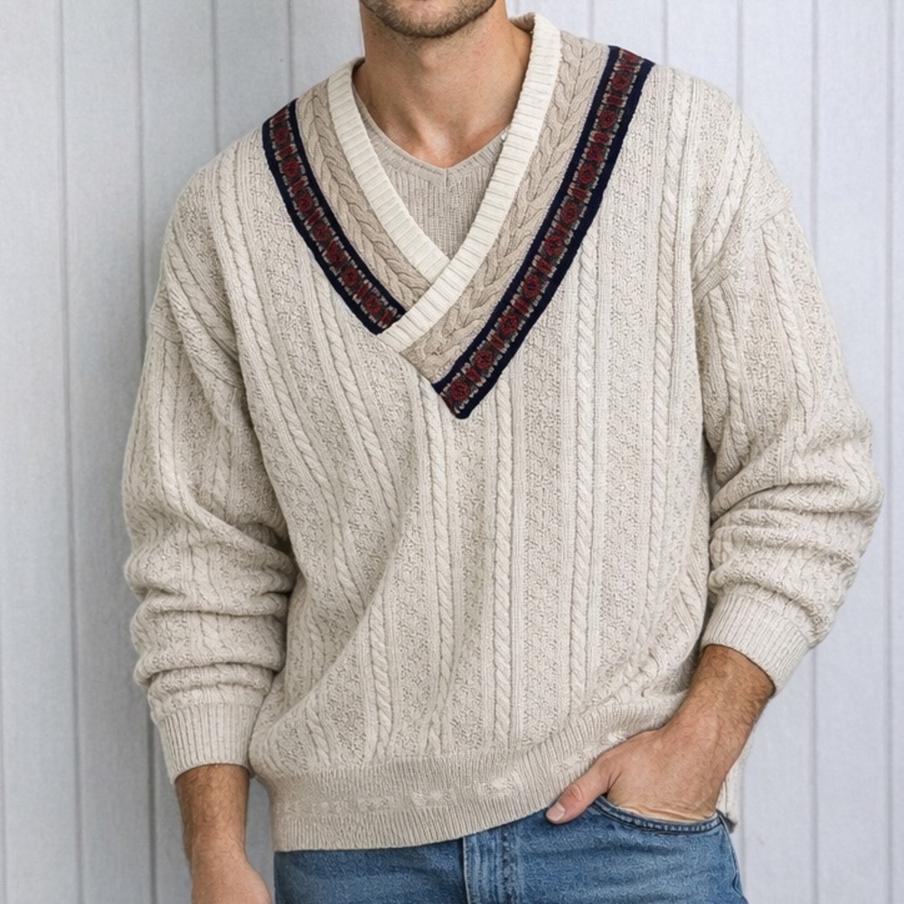 Woolrich‎ vintage Cotton Cable Knit Cream V-Neck Sweater Size L